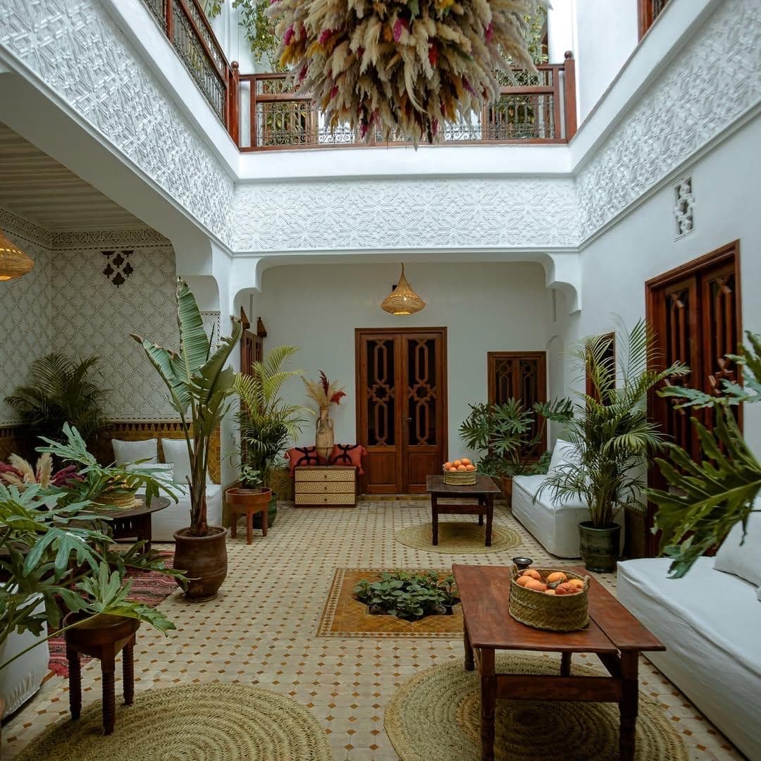 Intricate Moroccan zellige tilework in the interior of Riad Darino Medina Marrakech